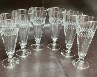 Vintage Anchor Hocking Laurel Leaf Etched Clear Glass Pilsners Set Of 6