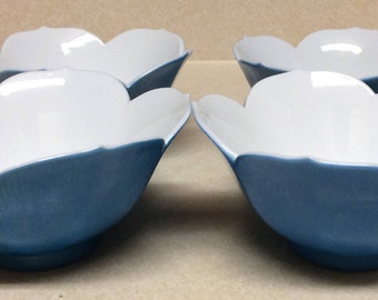 Vintage ATC Blue Porcelain Lotus Bowls Set Of 4 Made In Japan