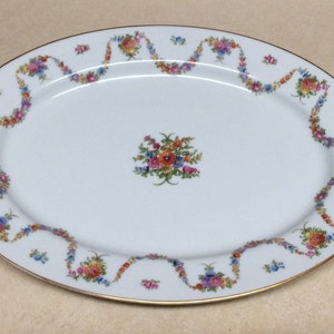Vintage Mikado China Aloha Pattern Ceramic Oval Serving Platter White Multicolor Flowers Swag Made In Occupied Japan