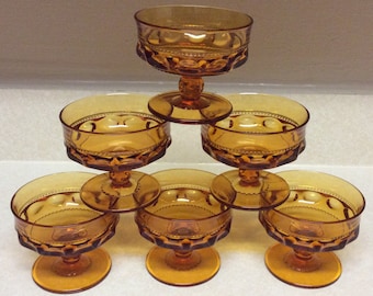 Vintage Indiana Glass Kings Crown Thumbprint Amber Footed  Sherbet Cups Set Of 6