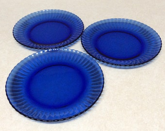 Vintage Cobalt Blue Round Glass Salad Dessert Plates set Of 3