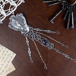 Multi-purpose Art Nouveau Chatelaine silver-plated in Alfons Mucha style spring design with an amethyst