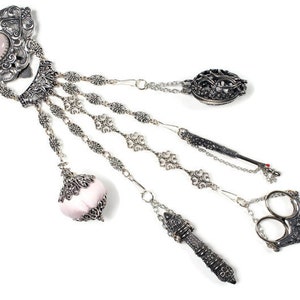 Pink sewing chatelaine based on historical models/ reproduction/