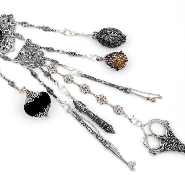 Black sewing chatelaine based on historical models/ reproduction/ silver plated