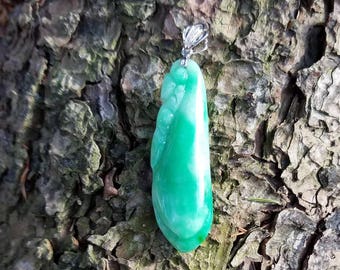 Certified Type 'B' Natural Jadeite Carving; Dyed; Green Jade Pendant; hand carved in China; 18 kt white gold and diamond bail