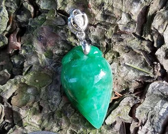Certified Natural Jadeite; Dyed; Green Jade Pendant; hand carved in China; 18 kt white gold and diamond bail