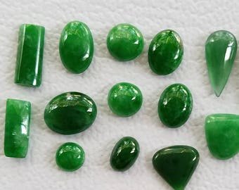 Natural Untreated Type A Jadite Jade Cabochons; Assortment of Type A Green Jade cabs; #14 in total; 14.955 cts / 0.1055 oz / 2.990 g