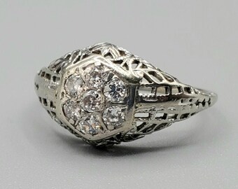 Art Deco Diamond Ring; Seven Stone Cluster; 14K white gold; Weight 1.894g; Ring Size - US 6