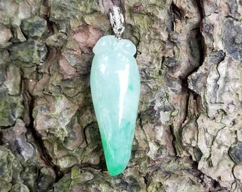 Green Jade Pendant; Certified Natural Untreated Jadeite Jade; Type-A Burma Jade hand carved in China; 18 kt white gold and diamond bail
