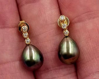 Cook Island Black Pearls; Black Pearl Earrings; 14 kt gold and diamond findings