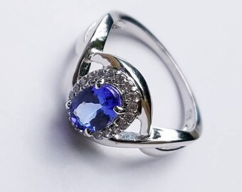 Tanzanite Ring; Natural Tanzanite 1.01 Cts, Oval 7.5x5.5; Stirling Silver band with CZ, Size US 7