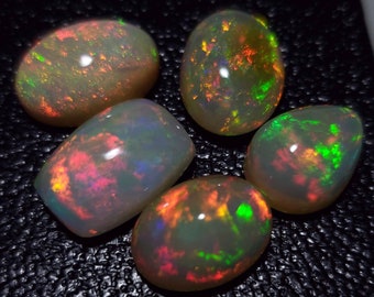 Natural Ethiopian opal cabochons, Lot of #5 untreated loose Ethiopian Opals in varying shapes and sizes; 25.80 cts in total
