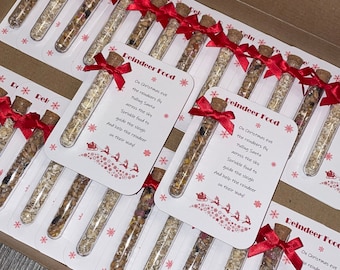 Puede incluir: Un conjunto de 16 tubos de ensayo de vidrio transparente llenos de una mezcla de avena, semillas y frutos secos, atados con una cinta roja y etiquetados "Comida para renos". La etiqueta incluye un poema sobre cómo espolvorear la comida para guiar el trineo de Papá Noel en Nochebuena.