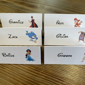 Aladdin, coloured Disney place cards, Disney wedding, magical, fairy tale