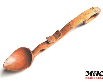 Large folk style spoon [ old hand carved wooden art - 19.37 in long ]