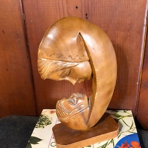 3D Mary & Jesus Wood Carving / Natural Religious Décor
