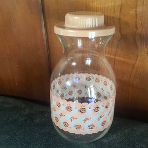 Sweet Vintage Peachy Pink and White Lace Carafe / Floral Glass Vase with Lid Pitcher / Shabby Chic Rustic Traditional Farmhouse Boho Decor