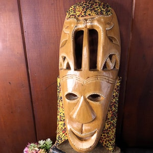 Vintage Indonesian Tribal Mask / Hand Carved Wood and Painted Dot Design with Animal Print / Tiki Folk Art Eclectic Decor from Indonesia