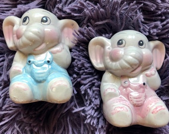 Cute Vintage Salt and Pepper Shakers / Elephant Couple / Ceramic Hand Painted Kitschy Kitchen