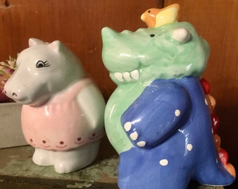 Odd Couple Vintage Set of Mismatched Salt and Pepper Shakers / Hippo and Dinosaur Rhino Couple / Ceramic Hand Painted Kitschy Kitchen