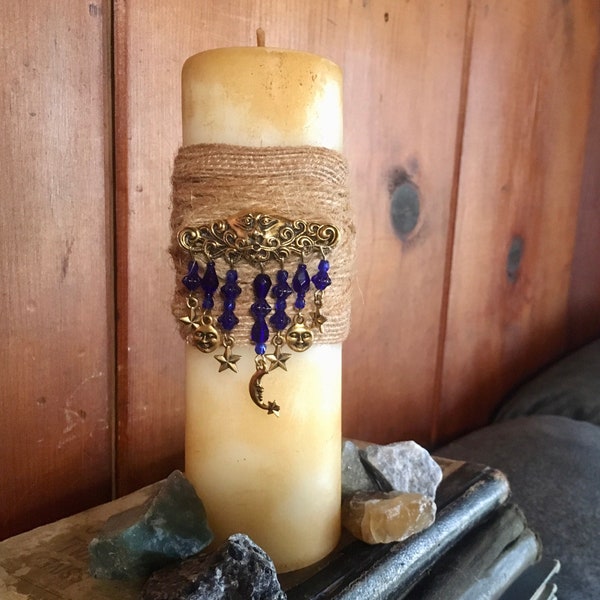 OOAK Handmade Decorative Candle with Celestial Beaded Accent / Embellished Decorated Ivory Pillar Candle / Cloud Rain Jewel Sun Star Boho
