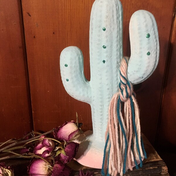 Vintage Cactus with Tassel / Southwestern Decor / Teal and Pink Ceramic Plant Tree Nature Desert / Boho New Mexico Mixed Media Statue Figure