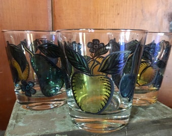Set of 6 MCM Cocktail Glasses / Midcentury Modern Scotch Whiskey Tumbler / Blue Yellow Green Fruit Flowers Boho Barware