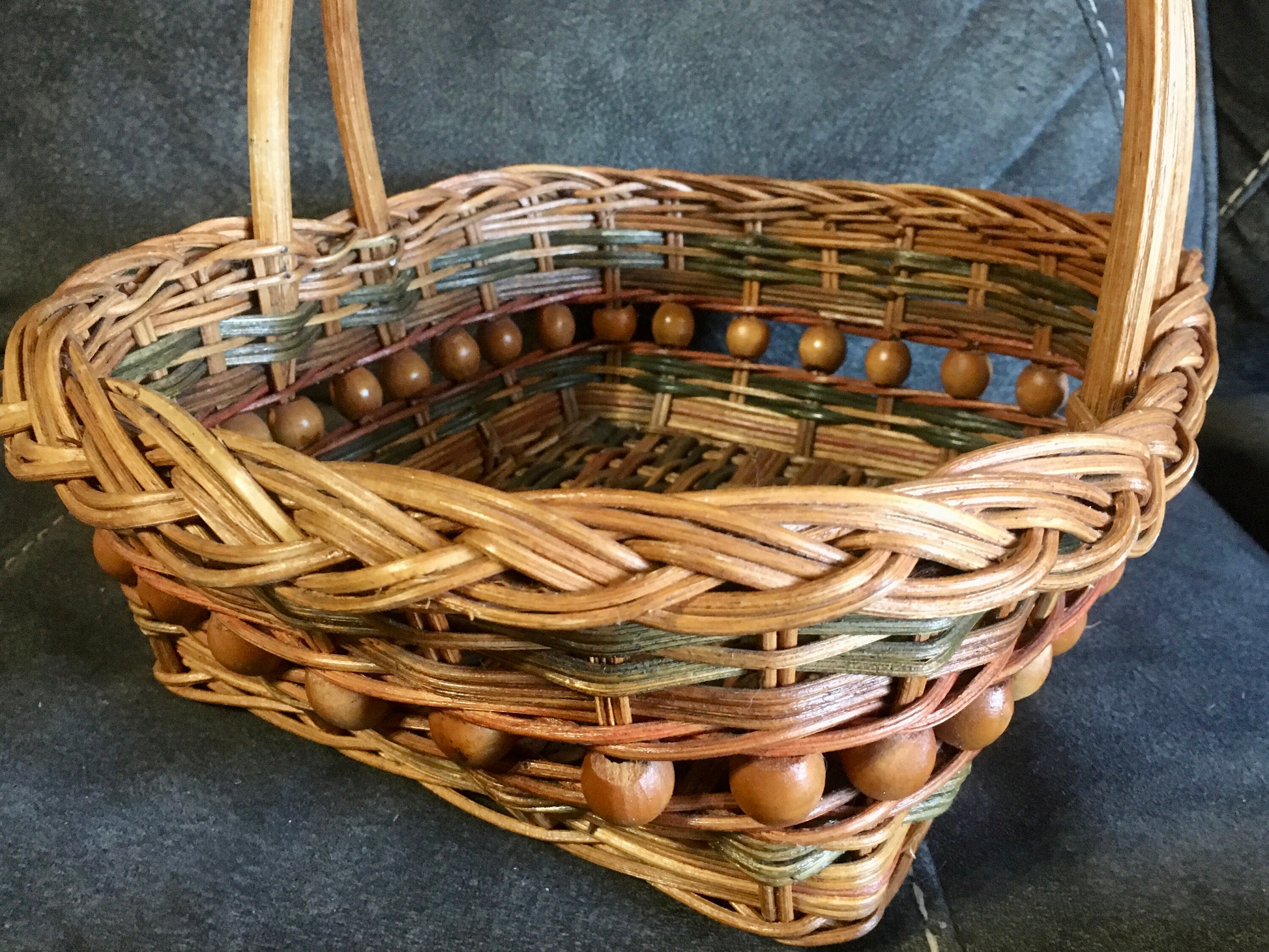 Beautiful Multicolor Vintage Beaded Wicker Basket With Handle Etsy