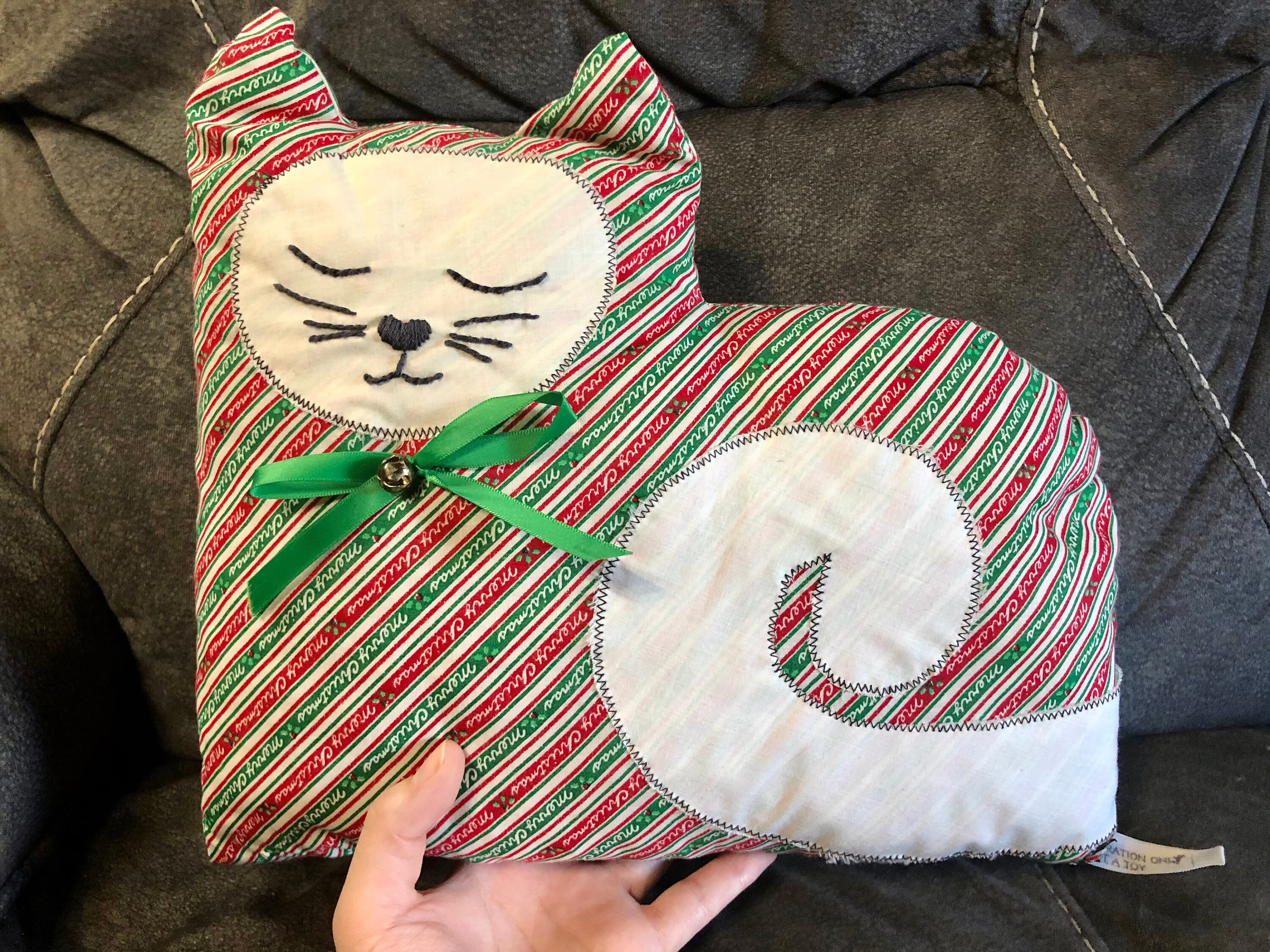 Vintage Christmas Kitty Pillow Handmade Xmas Cat Red Green and White Animal Shaped Cushion Etsy Canada
