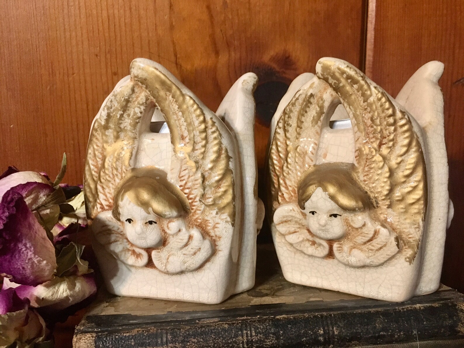 Set of 2 Vintage Angel Candle Holders / Pair of Hand Painted Ceramic