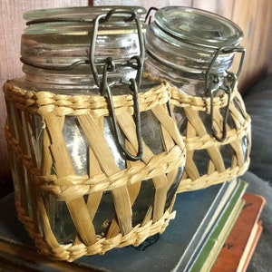 Set of 2 Seagrass Wrapped Spice Jars / Bohemian Kitchen Storage