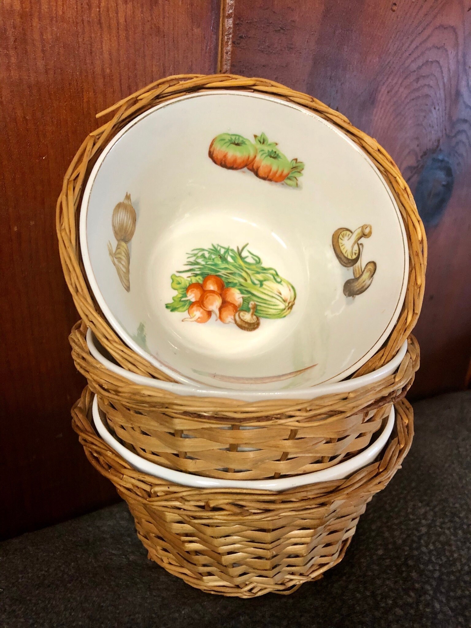 Set of Wicker Baskets With Ceramic Vegetable Bowls / Retro Etsy