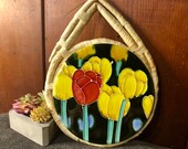 Beautiful Tile Wicker Trivet Floral Tulip Wall Hanging Kitschy Kitchen Boho Farmhouse Decor