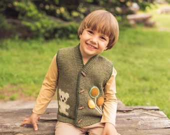 Children's woolen vest, kids' wool vest, embroidered wool vest, organic sheep's wool vest, boy's wool vest