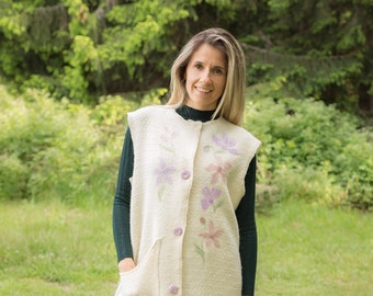 Women's wool long vest, Ladies organic wool vest, High quality wool vest for women, Women's hand-made wool vest, Decorated wool vest