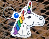 Rainbow Unicorn Key Chain, Bag Tag, Key Fob, Zipper Pull, Snap Tab