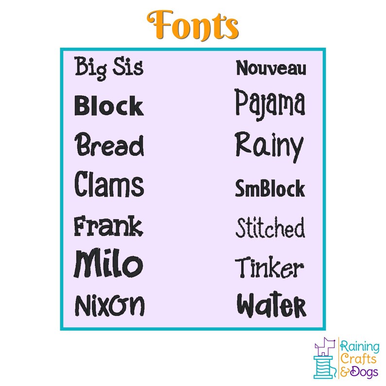May include: A light purple rectangular chart titled Fonts in orange text, displaying two columns of black font names: Big Sis, Block, Bread, Clams, Frank, Milo, Nixon, Nouveau, Pajama, Rainy, SmBlock, Stitched, Tinker, and Water, with a logo at the bottom.
