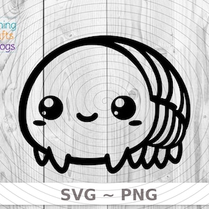 May include: Black and white line art illustration of a cute cartoon character with large eyes and a smile. The character is curled up in a ball, resembling a snail or a slug.