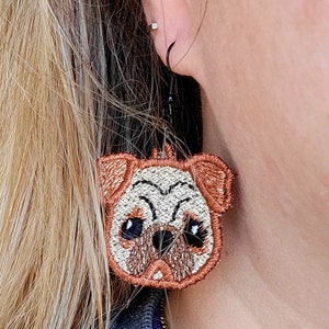 Pug Dog Earrings Free Standing Lace FSL Embroidered Pug Jewelry image 4