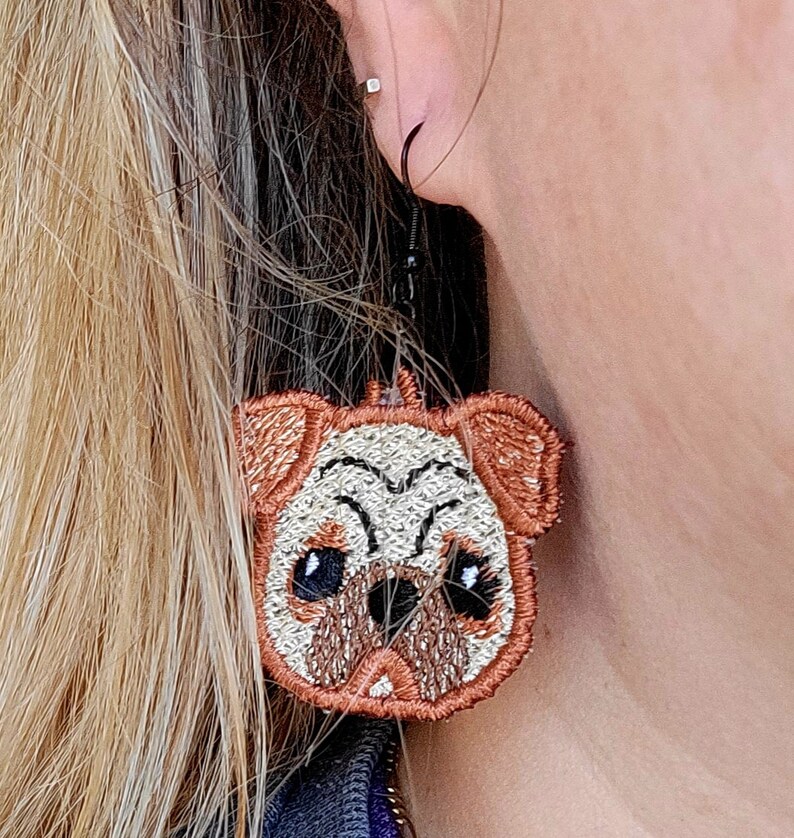 Pug Dog Earrings Free Standing Lace FSL Embroidered Pug Jewelry image 4