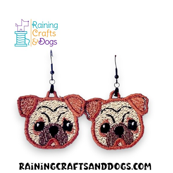Pug Dog Earrings - Free Standing Lace FSL - Embroidered - Pug Jewelry
