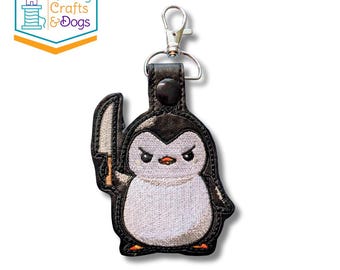Pingüino gruñón con cuchillo, llavero, etiqueta para bolso, tirador de cremallera, dije