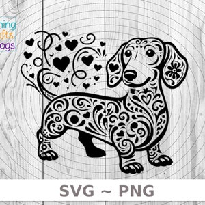 Könnte beinhalten: Schwarz-weiße digitale Illustration eines Dackels mit komplizierten floralen Mustern und Herzen. Der Hund steht auf allen vieren mit eingerolltem Schwanz.