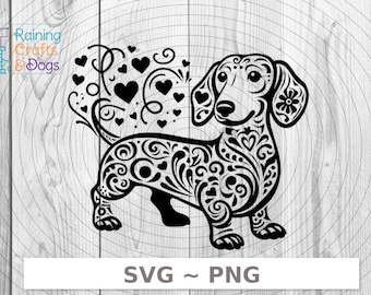 Perro salchicha de pie con corazones y remolinos SVG PNG Descarga digital