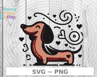 Perro salchicha de pie con corazones y remolinos SVG PNG Descarga digital