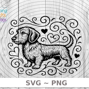 Może przedstawiać: Czarno-biała ilustracja psa jamnika w dekoracyjnej ramie z wirów i serc. Obraz zawiera tekst "SVG ~ PNG" i logo "Raining Crafts & Dogs".