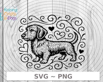 Perro salchicha de pelo duro con corazones y remolinos (svg png) Descarga digital