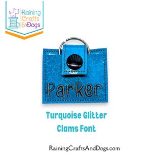 May include: A square turquoise glitter keychain featuring a black snap closure and a silver metal ring. The name Parker is embroidered in dark gray thread across the center of the glittery surface. The item has visible stitching along the edges.
