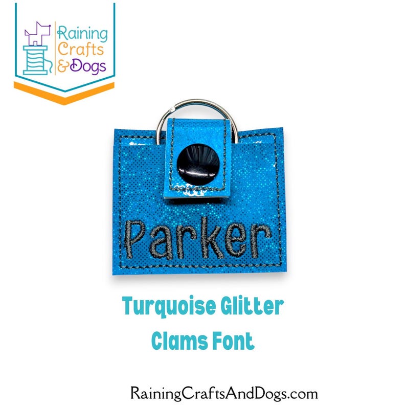 May include: A square turquoise glitter keychain featuring a black snap closure and a silver metal ring. The name Parker is embroidered in dark gray thread across the center of the glittery surface. The item has visible stitching along the edges.