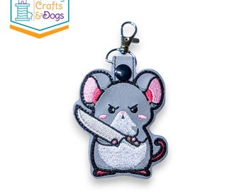 Ratón apuñalado con cuchillo, llavero, etiqueta para bolso, tirador de cremallera, dije